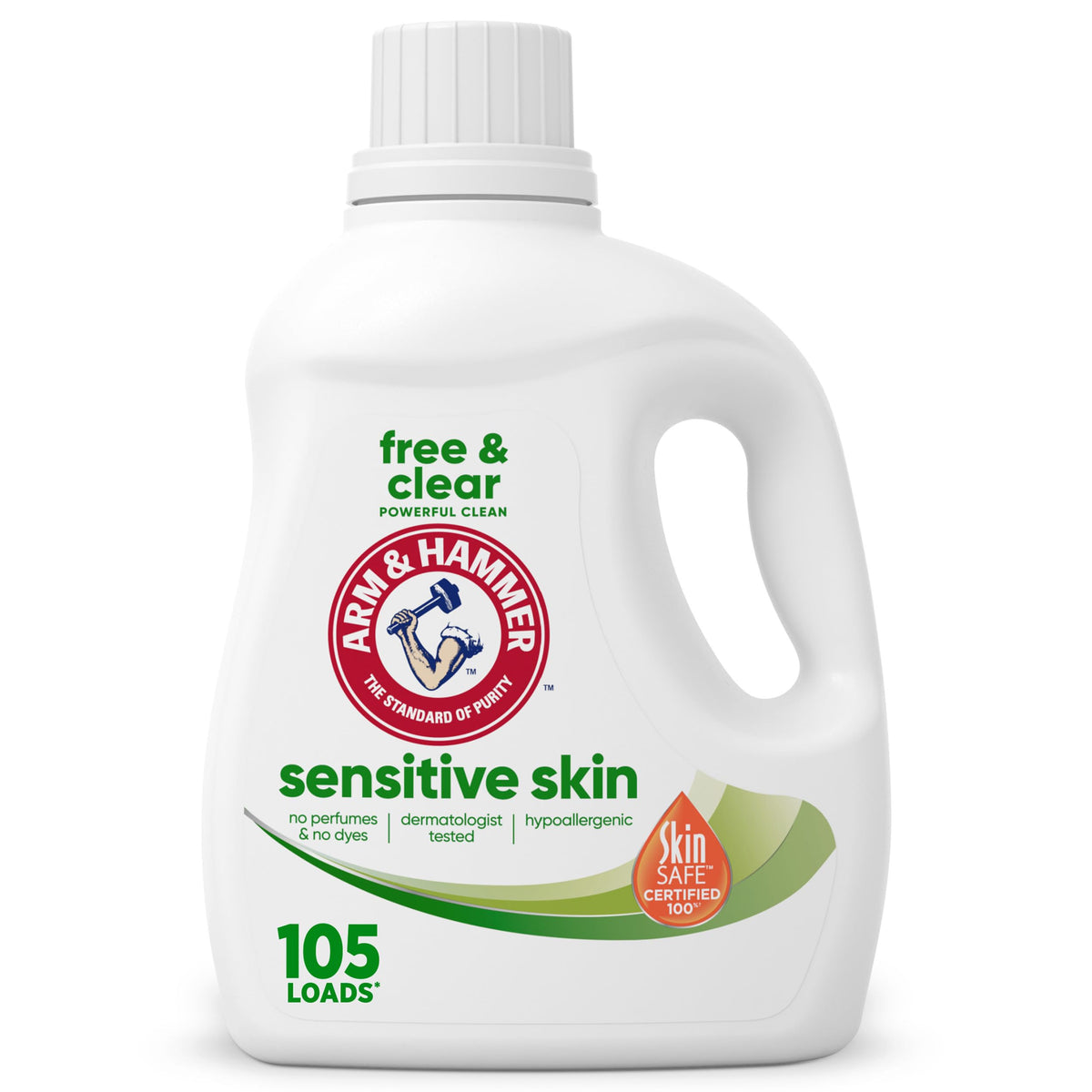 ARM & HAMMER Sensitive Skin Free & Clear bottle front showing fragrance-free formula for gentle skin care