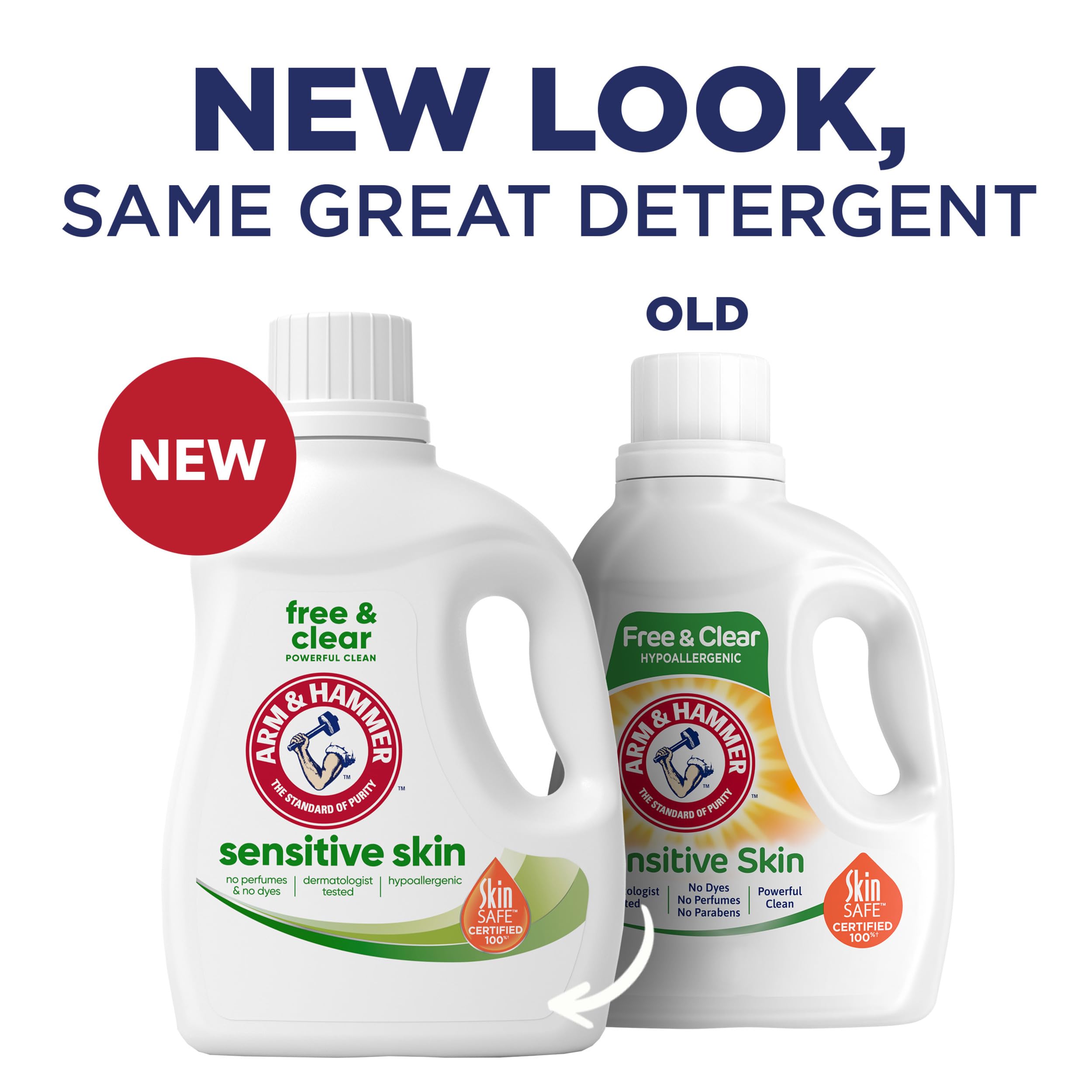 ARM & HAMMER Sensitive Skin Free & Clear bottle pour highlighting easy dosing in cold water