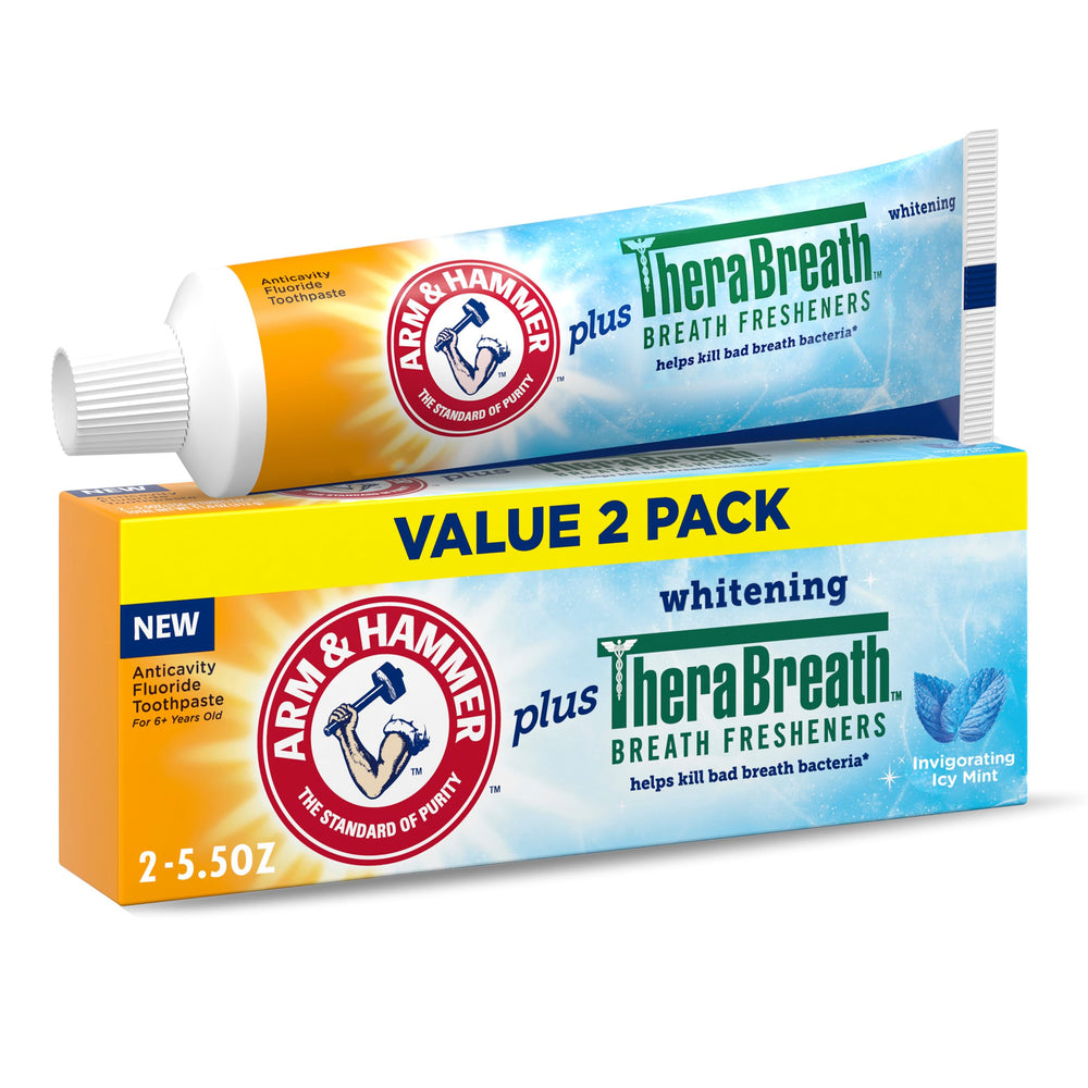Arm & Hammer toothpaste plus Therabreath icy mint tubes front shows dual-pack for freshness