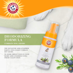 Arm and Hammer Ultra Fresh waterless dog shampoo foam being wiped or brushed for easy grooming.