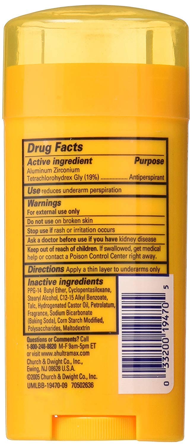 Arm & Hammer Ultramax deodorant with baby powder scent featuring creamy vanilla musk.