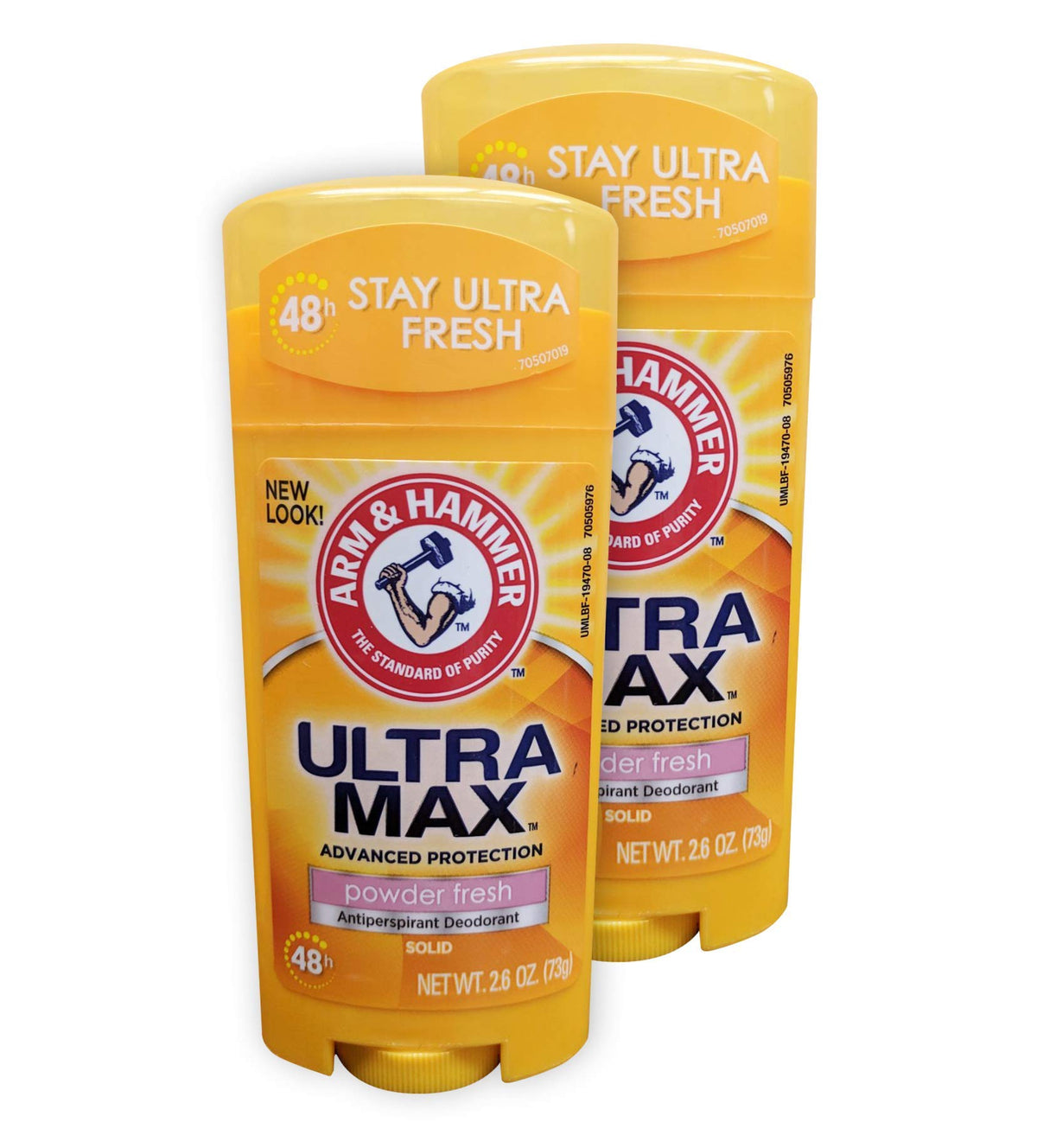 Arm & Hammer Ultramax invisible solid deodorant stick with powder fresh scent for long lasting protection.