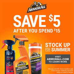 Armor All Leather Care spray application on leather for cleaning and conditioning.