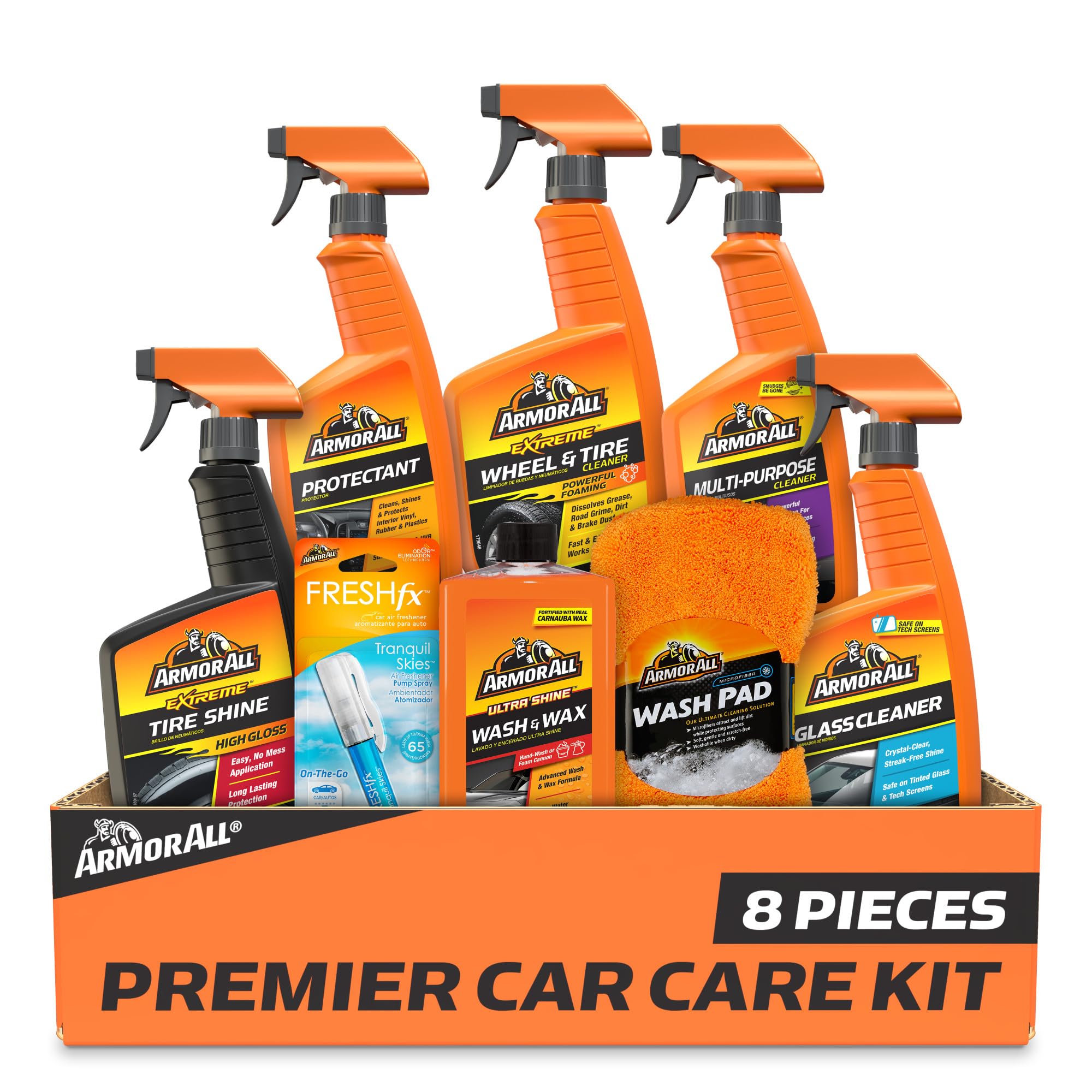 Armor All Premier Car Care Kit box displayed with eight detailing products for interior and exterior shine