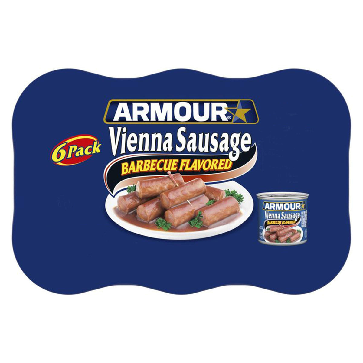 Armour Star Vienna Barbecue Sausage can in a six-pack, ready-to-eat protein snack.