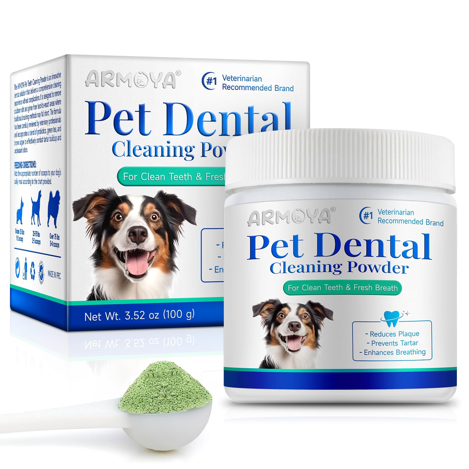 ARMOYA Dog Dental Powder packaging in a tub for all breeds, promoting oral care