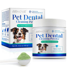 ARMOYA Dog Dental Powder packaging in a tub for all breeds, promoting oral care