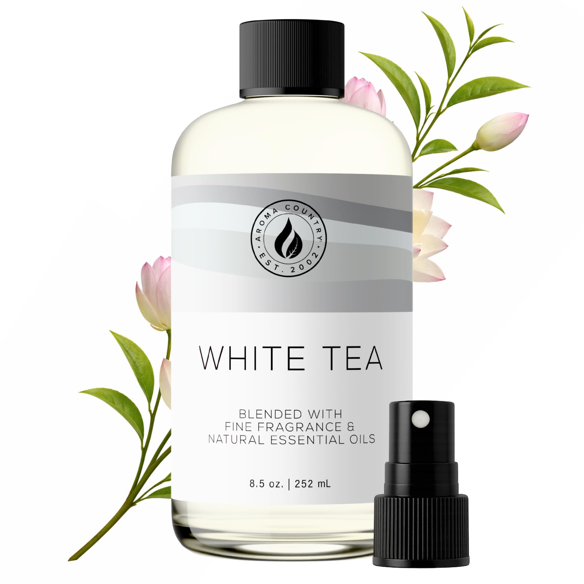 Aroma Country White Tea Diffuser Oil bottle fills rooms with serene fragrance.