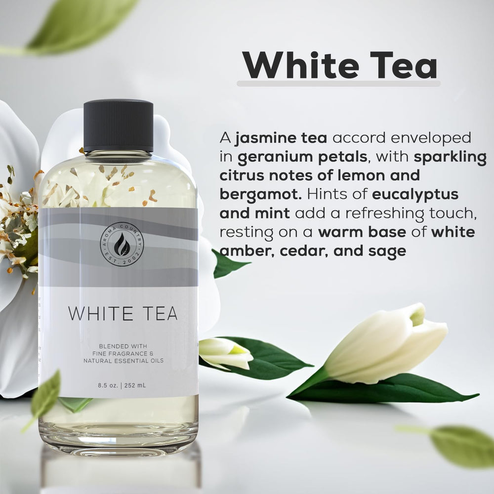 Aroma Country White Tea diffuser setup demonstrates versatile use with diffusers and room spray.