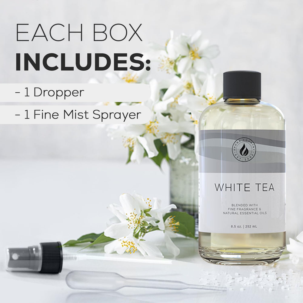 Aroma Country White Tea Diffuser Oil ingredients reveal natural aromatics for home use.