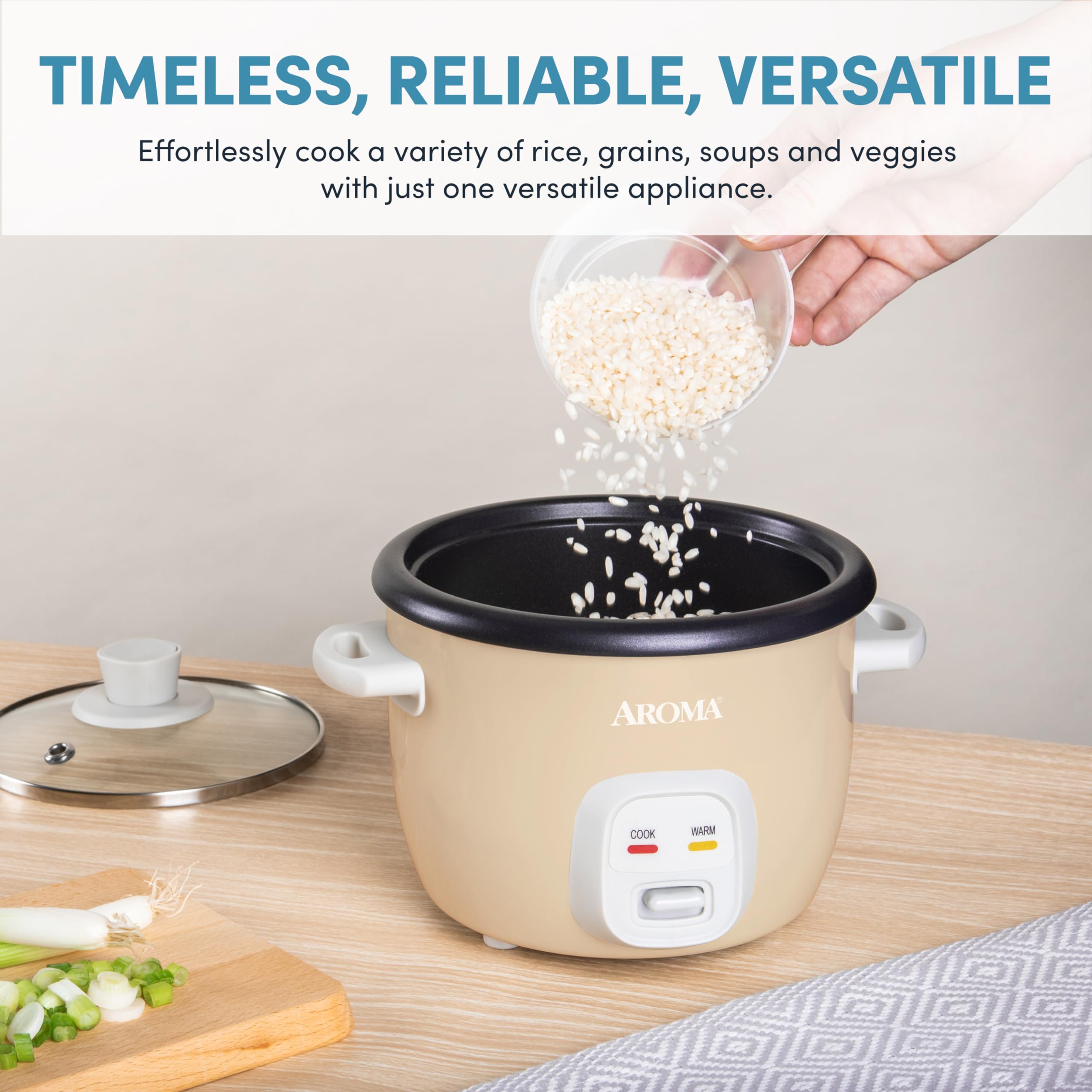AROMA Mini Rice Cooker control panel image highlights simple one-touch operation.