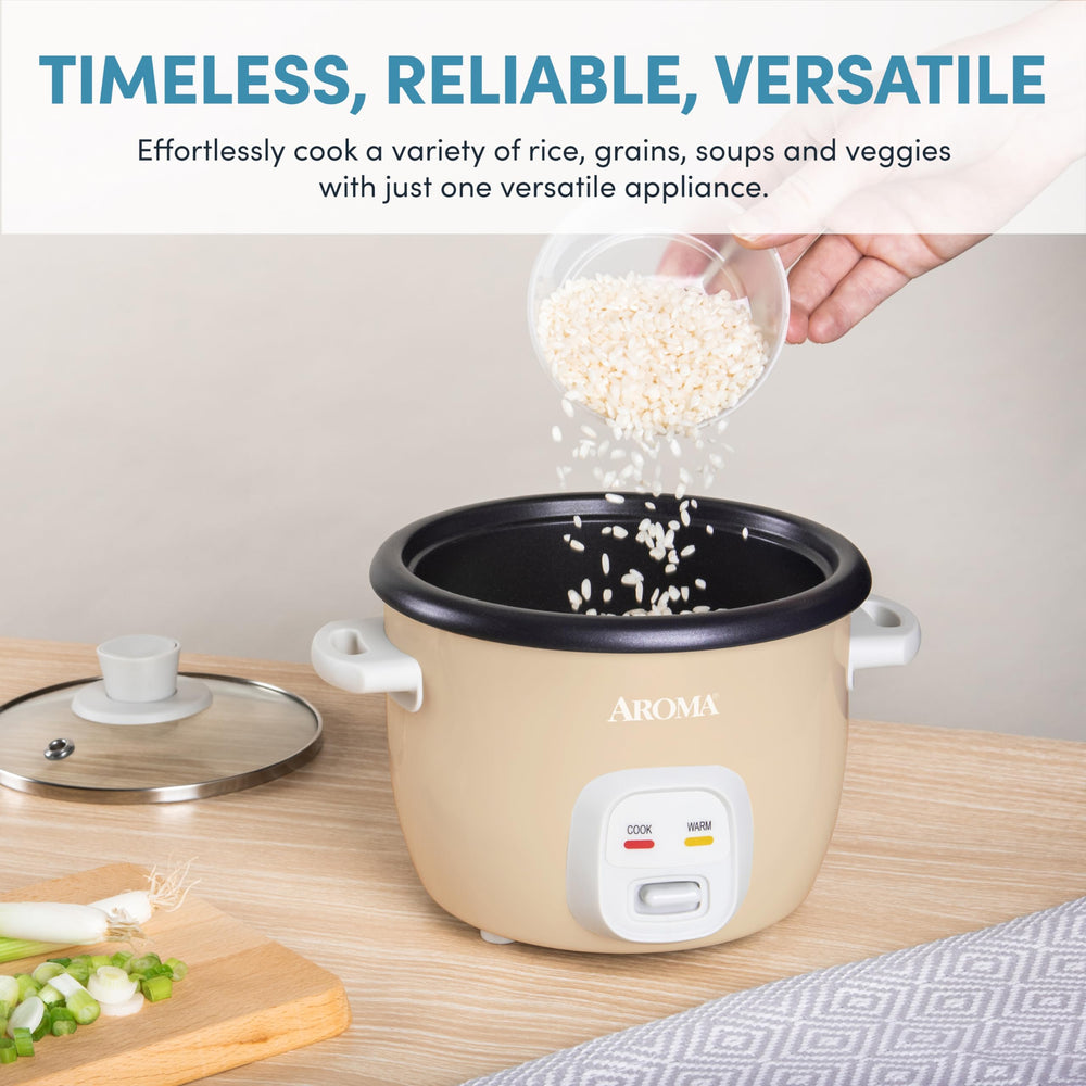 AROMA Mini Rice Cooker control panel image highlights simple one-touch operation.