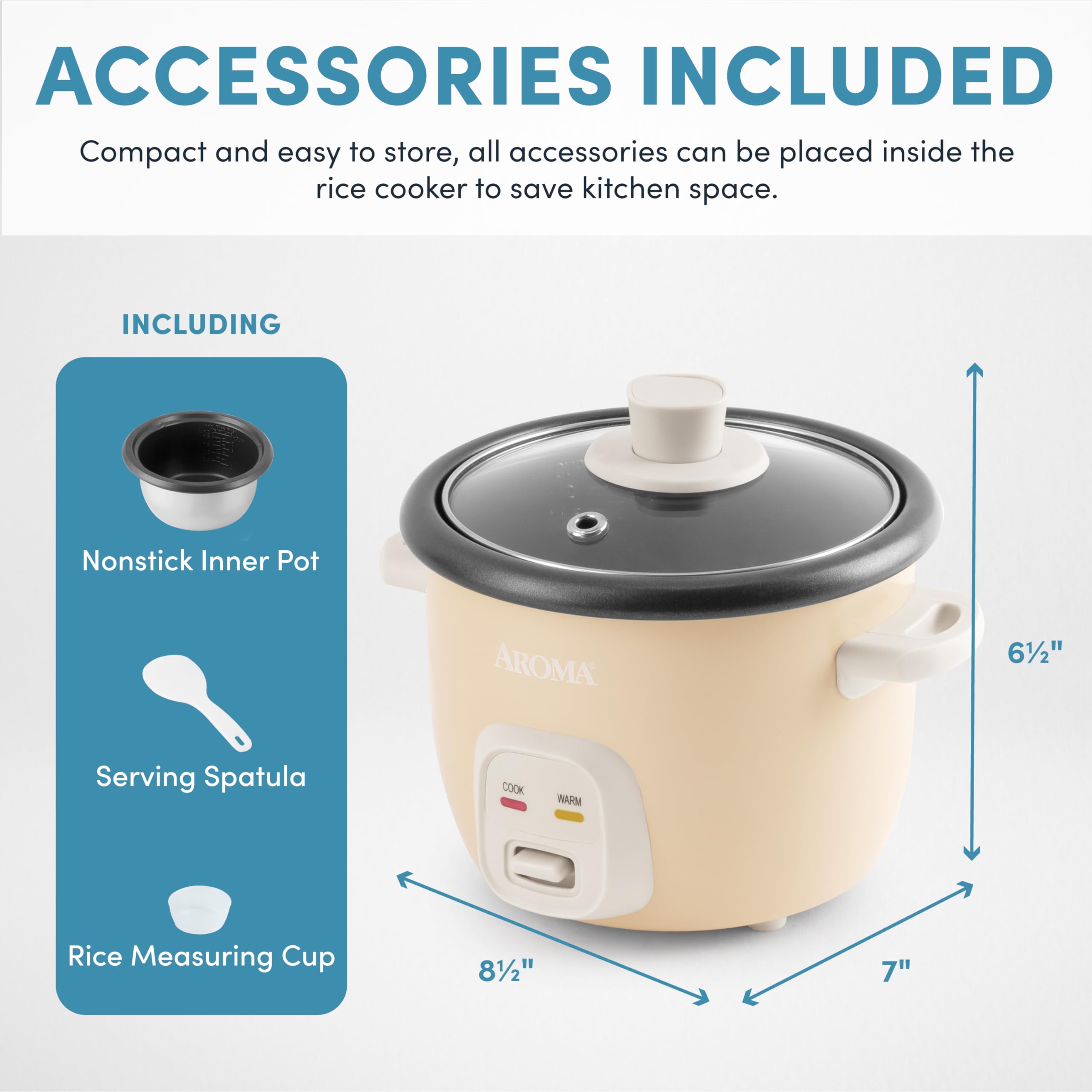 AROMA Mini Rice Cooker cooked 4-cup view demonstrates ready-to-serve portions for families.
