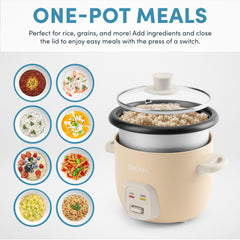 AROMA Mini Rice Cooker inside nonstick pot close-up shows easy cleaning after meals.