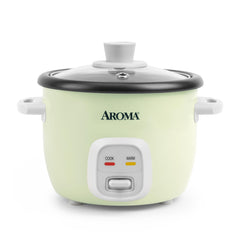 AROMA Mini Rice Cooker with lid closed, compact design saves counter space.