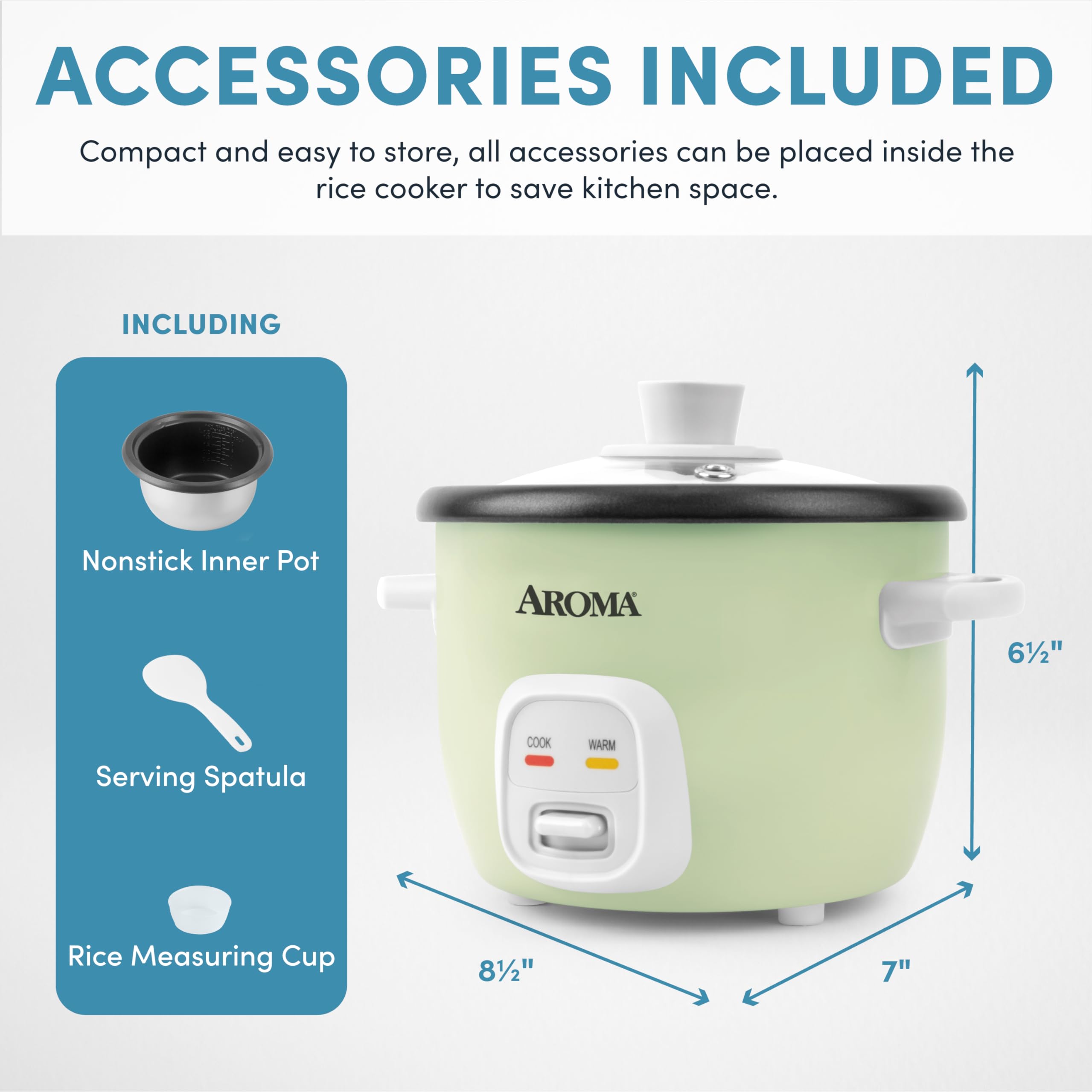 AROMA Mini Rice Cooker steams rice evenly for fluffy results.