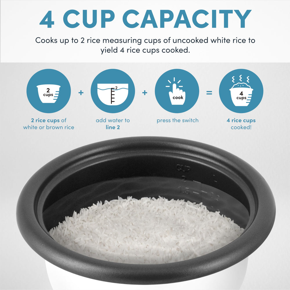 AROMA Mini Rice Cooker 2-cup uncooked view highlights ideal portion for individuals.