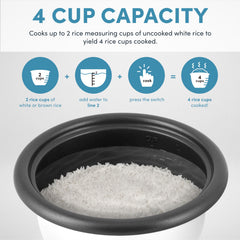 AROMA Mini Rice Cooker 2-cup uncooked view highlights ideal portion for individuals.