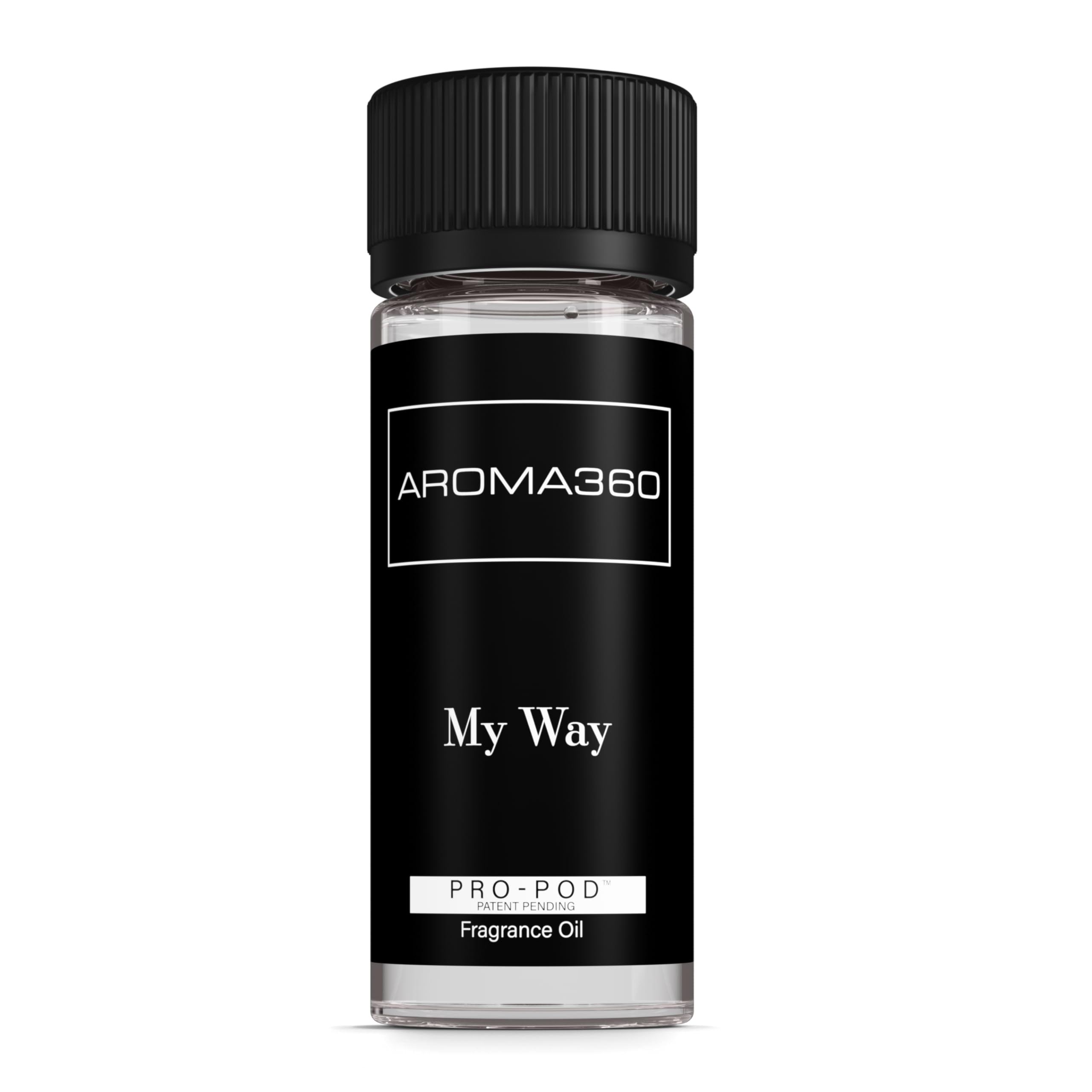 Aroma360 My Way Pro-Pod bottle close-up highlighting Tuscan leather for a luxurious scent.