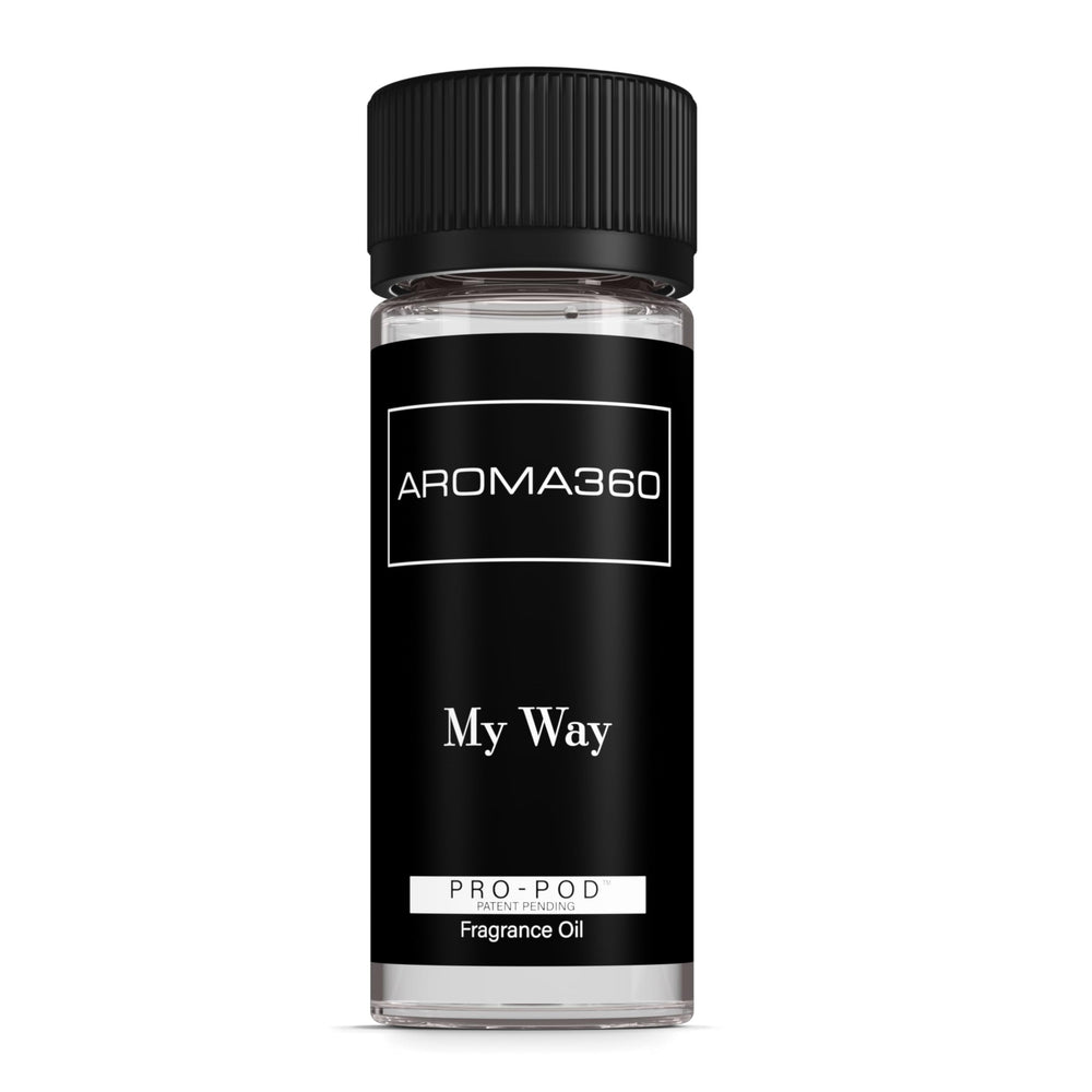 Aroma360 My Way Pro-Pod bottle close-up highlighting Tuscan leather for a luxurious scent.