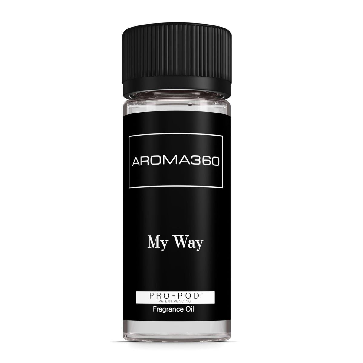 Aroma360 My Way Pro-Pod bottle close-up highlighting Tuscan leather for a luxurious scent.