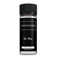 Aroma360 My Way Pro-Pod bottle close-up highlighting Tuscan leather for a luxurious scent.