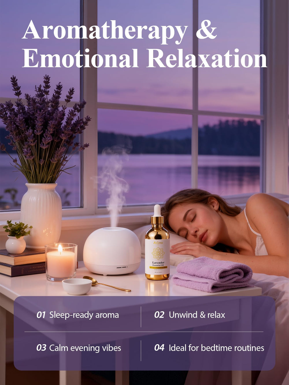 AromaLYA lavender oil bedroom-aromatherapy promoting a peaceful atmosphere.