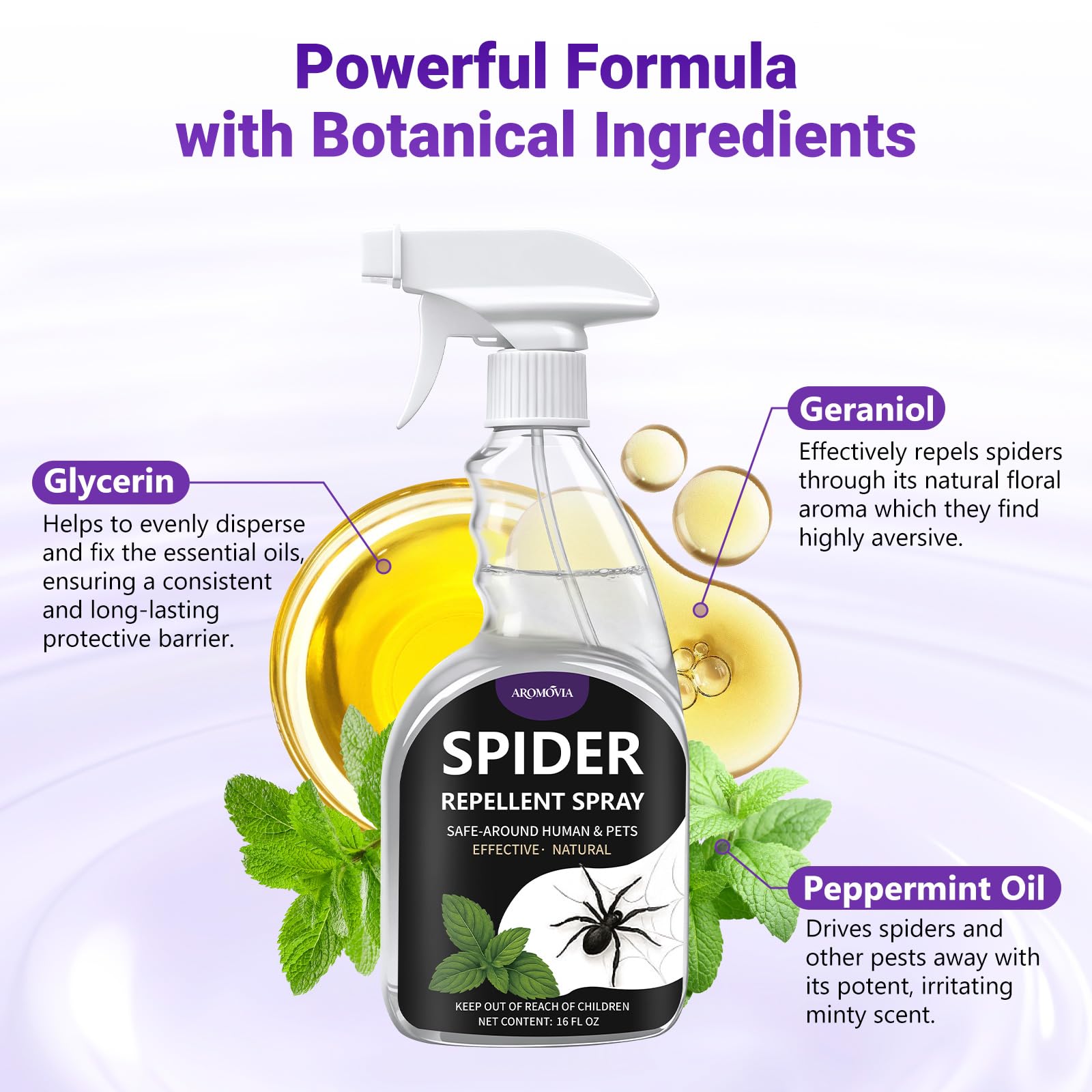 Aromovia peppermint oil ingredients close-up highlighting natural formula.