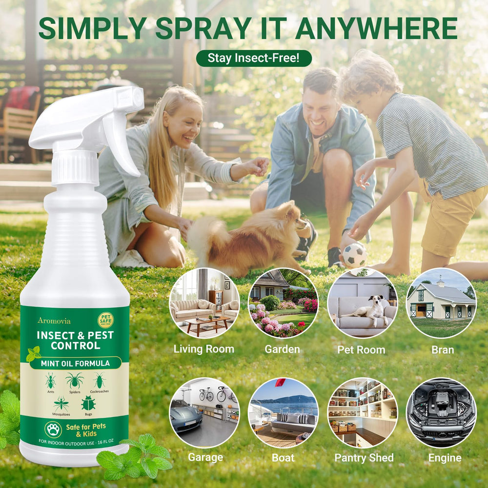 Aromovia Peppermint Oil Spray outdoors on the patio for garden pests.
