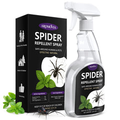 Aromovia spider repellent bottle pour for quick indoor and outdoor protection.
