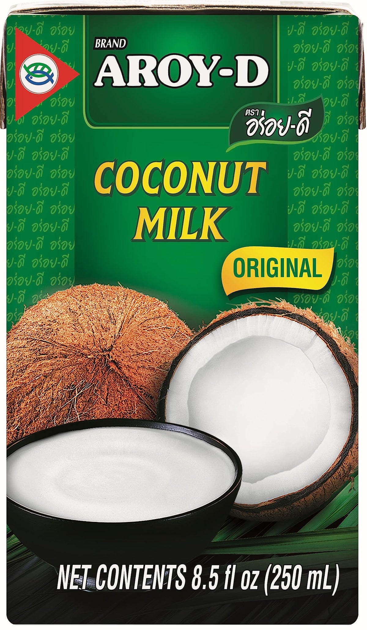 Aroy-D coconut milk can 8.5 oz in a 12-pack, ideal for curries and creamy sauces.