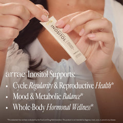 Arrae Inositol vanilla stick-pack melting on tongue for fast intake.