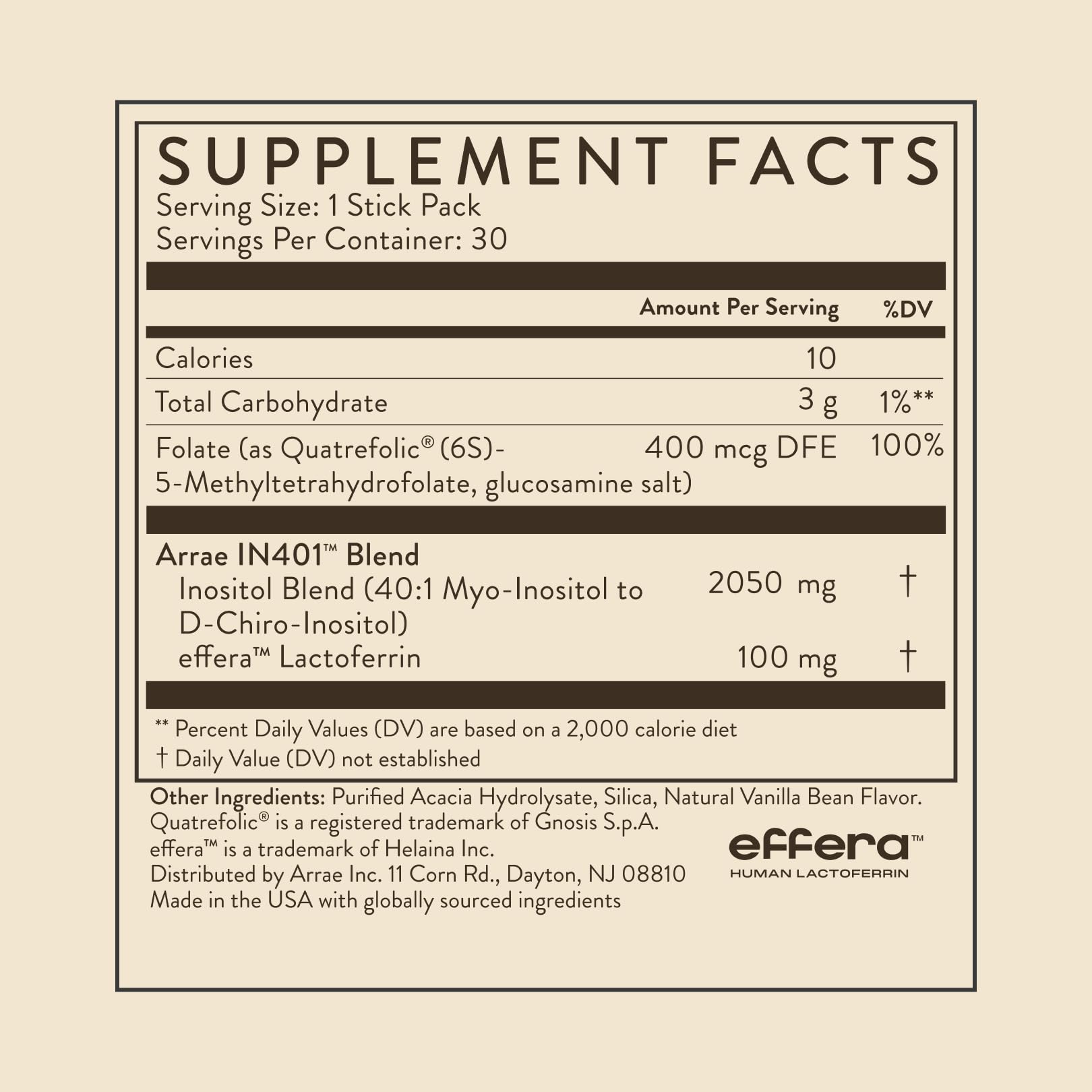 Arrae Inositol vanilla swatch showing flavor-friendly daily intake.