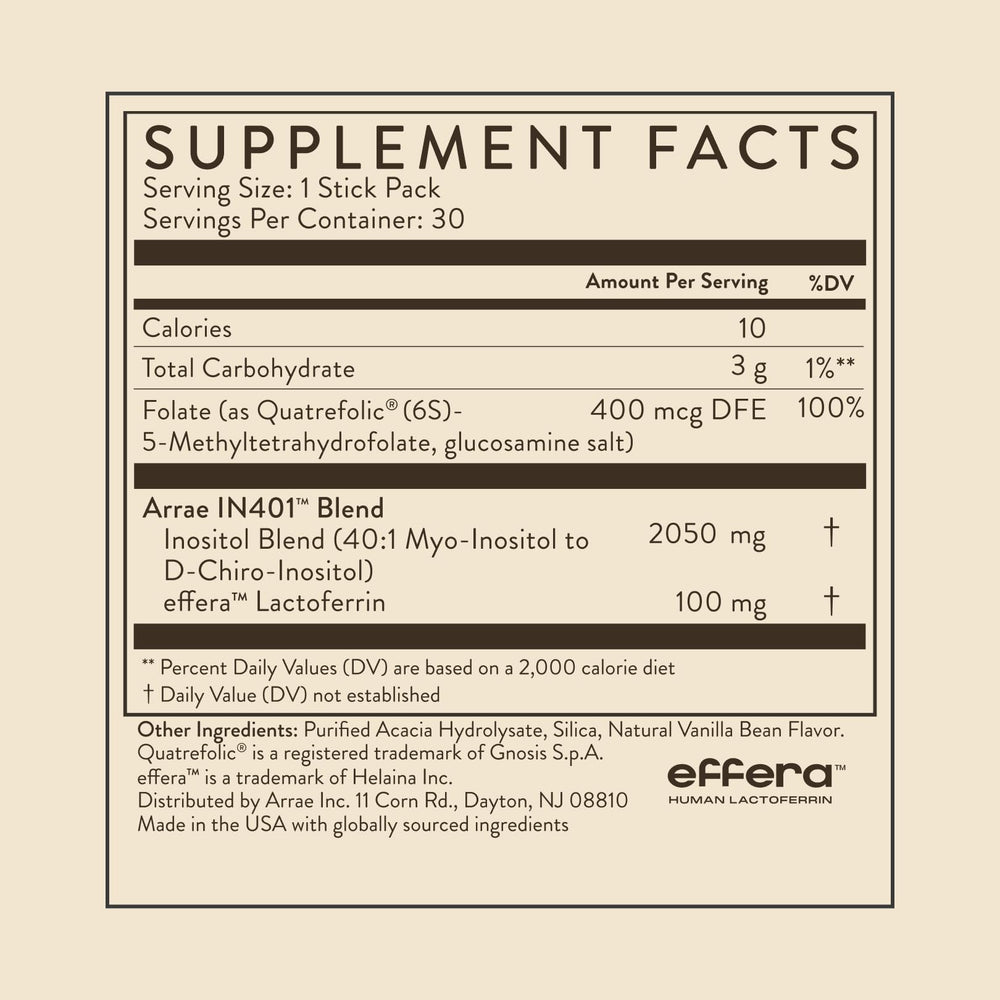 Arrae Inositol vanilla swatch showing flavor-friendly daily intake.