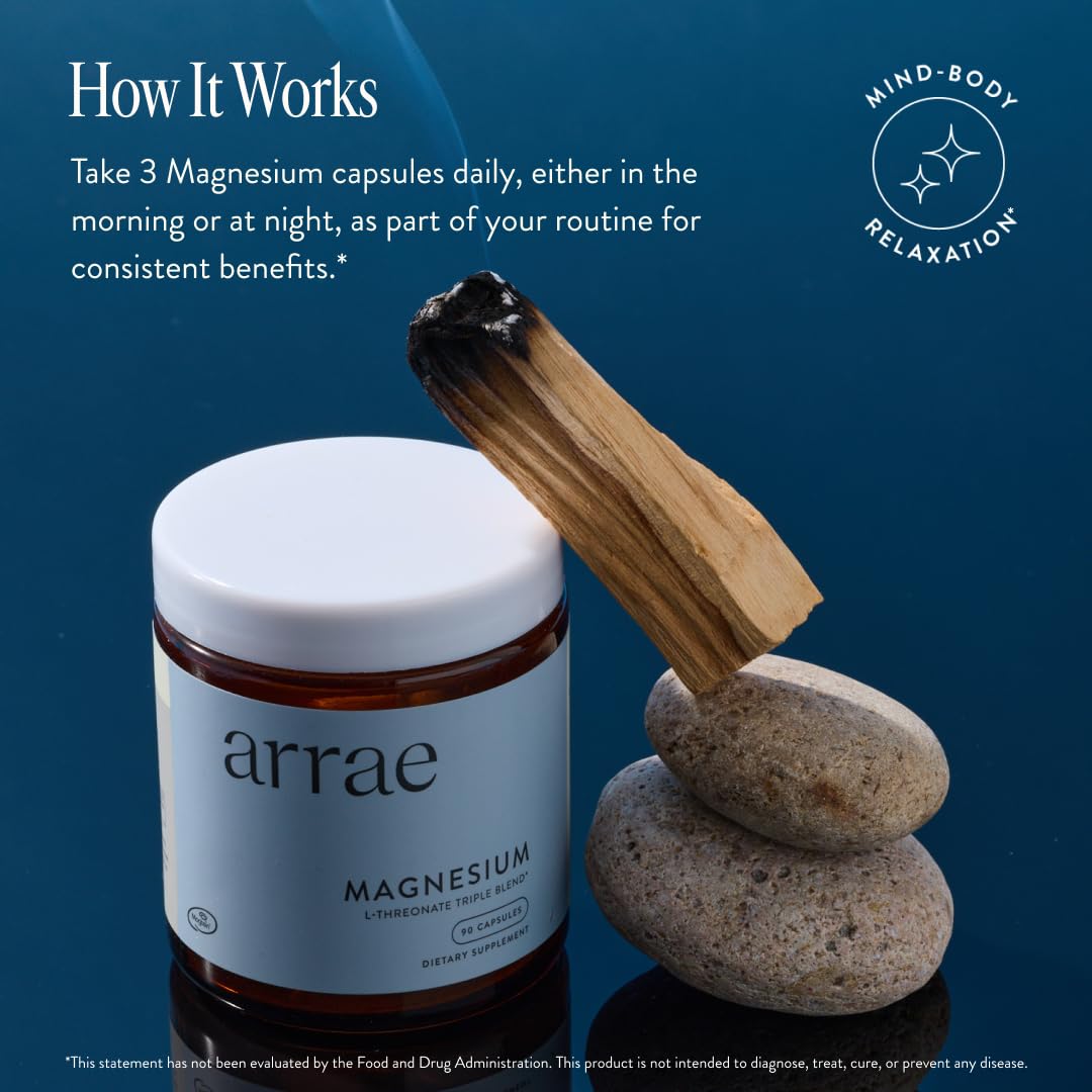 Arrae magnesium capsules closeup highlighting a bioavailable blend for sleep and focus