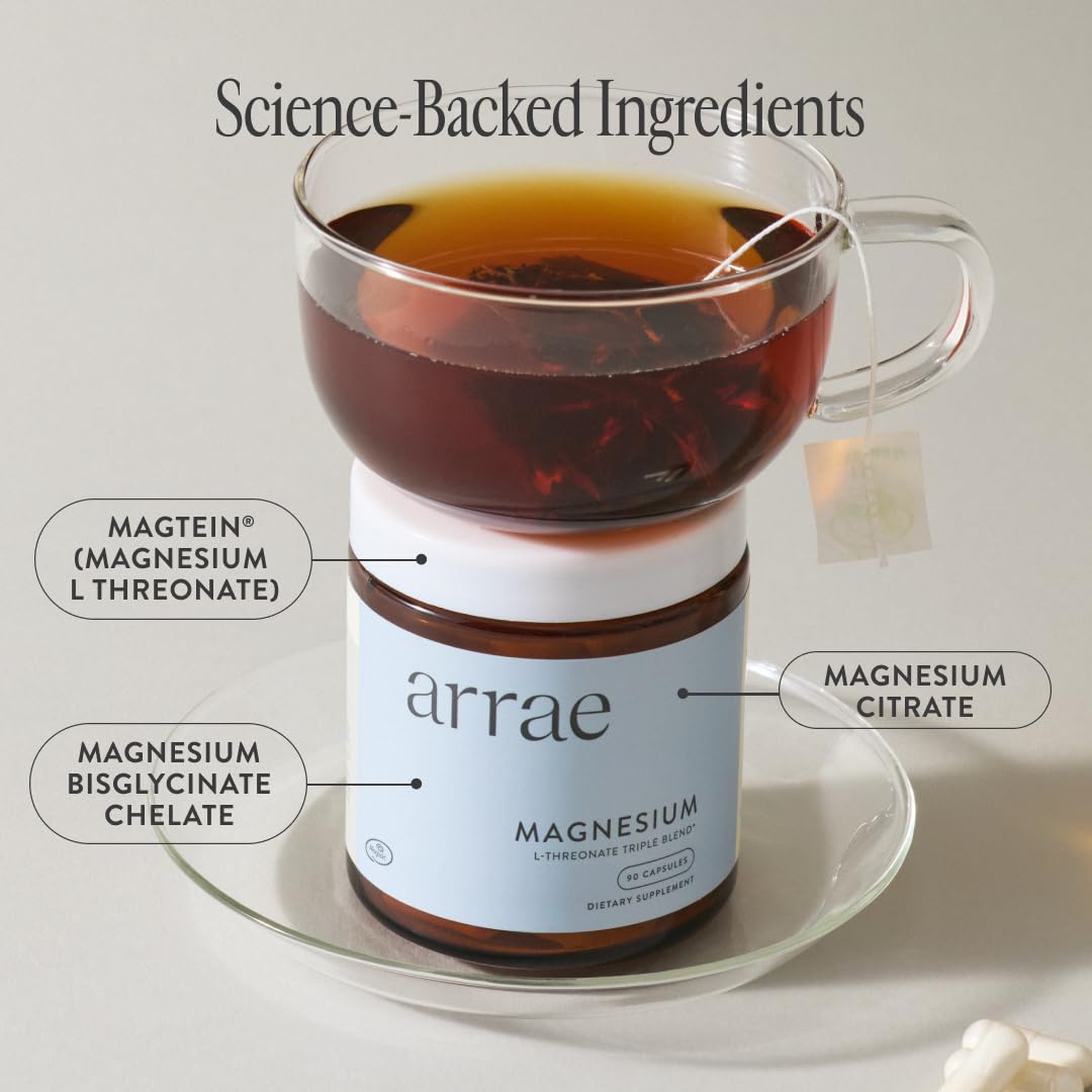 Arrae magnesium supplement label closeup showing glycinate, citrate and L-threonate blend