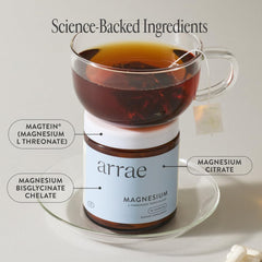Arrae magnesium supplement label closeup showing glycinate, citrate and L-threonate blend