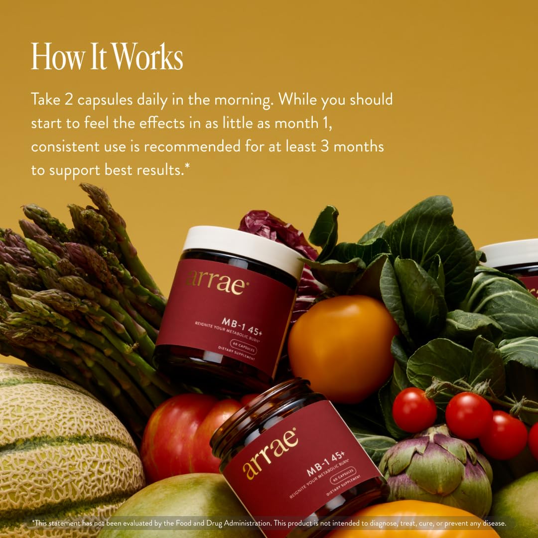 Arrae MB-1 45+ capsules highlighting natural ingredients for metabolism support.