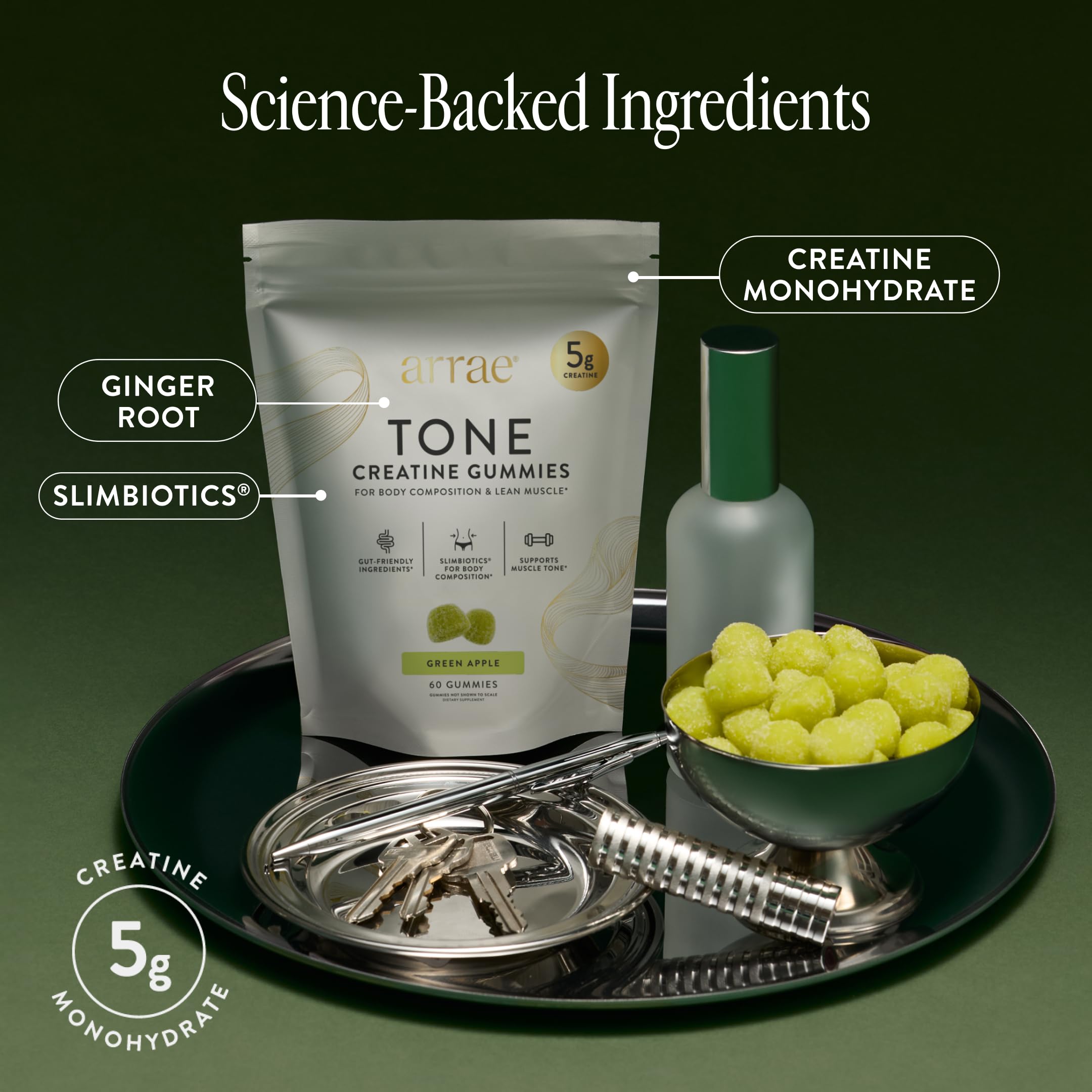 Arrae Tone Gummies bottle pour shot illustrating easy daily intake