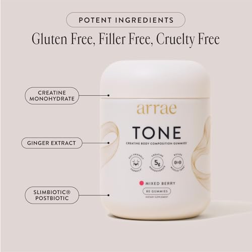 Arrae Tone Gummies close-up bottle showcasing mixed berry flavor and convenience.
