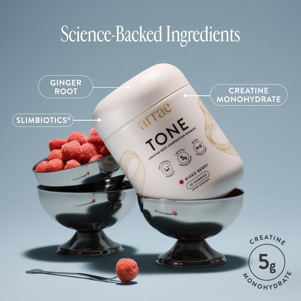 Arrae Tone Gummies texture close-up emphasizes chewable convenience.