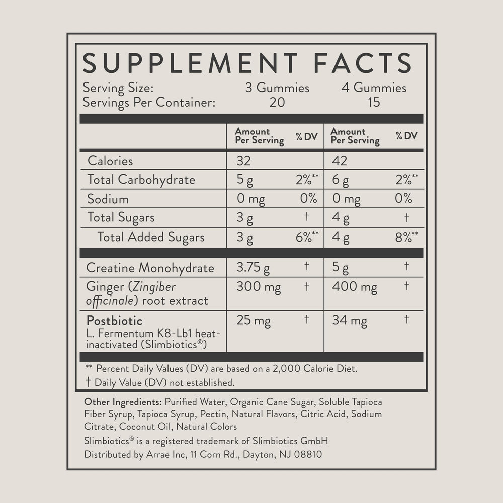 Arrae Tone Gummies label detail showing creatine 5g per serving