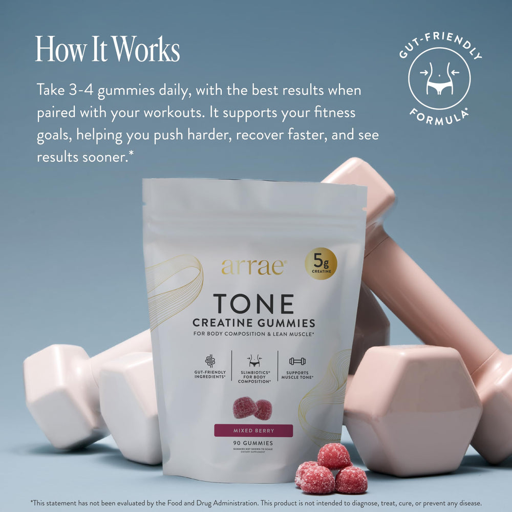 Arrae Tone Gummies pack showing 5g creatine per serving for lean muscle
