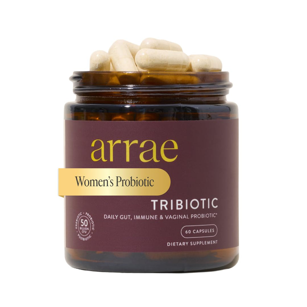 Arrae Tribiotic bottle front highlighting microbiome support for gut balance.