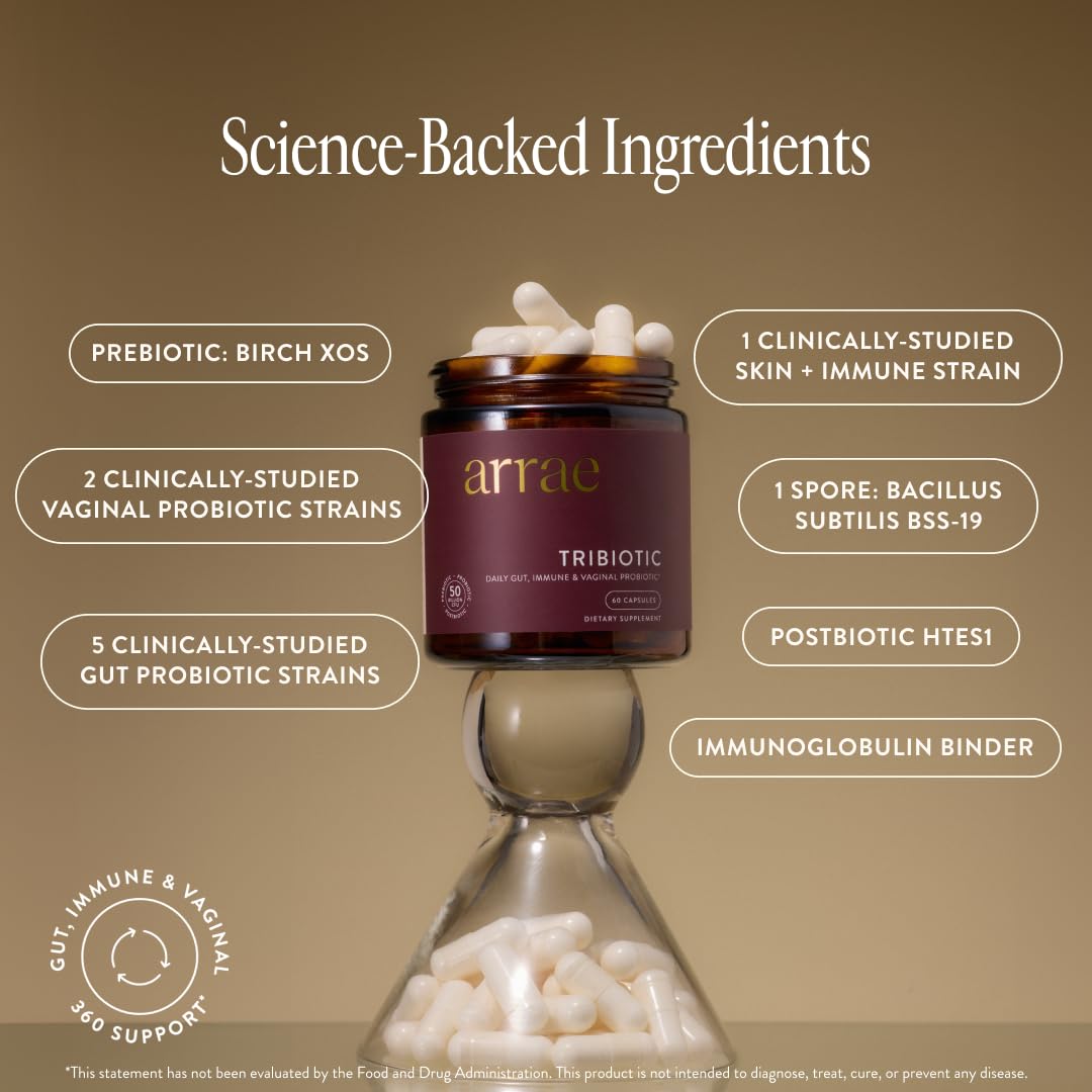 Arrae Tribiotic capsules pack designed for daily gut and immune support.