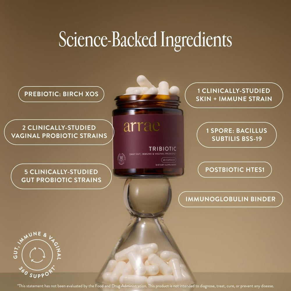 Arrae Tribiotic capsules pack designed for daily gut and immune support.