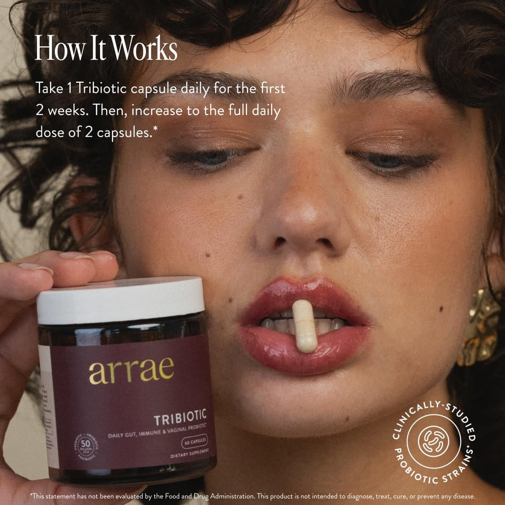 Arrae Tribiotic label close-up emphasizing probiotic blend for vaginal balance.