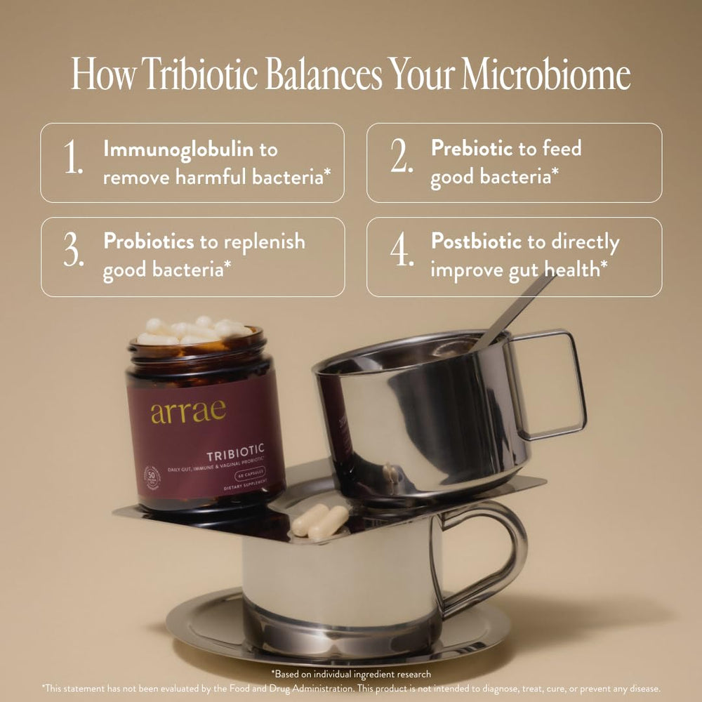 Arrae Tribiotic vaginal balance graphic illustrating pH support and comfort.