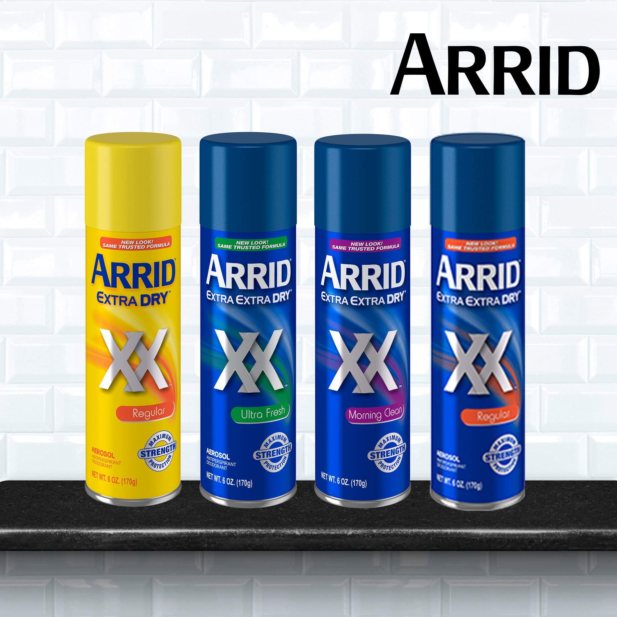Arrid XX Dry Ultra Fresh tall aerosol displays sleek packaging and product presence.