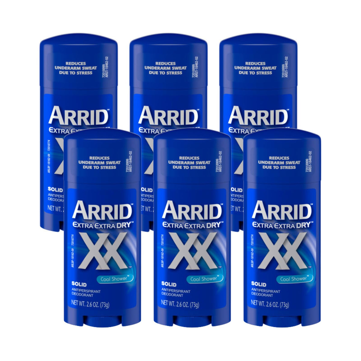 Arrid XX Extra Extra Dry Cool Shower stick six-pack for daily moisture control.